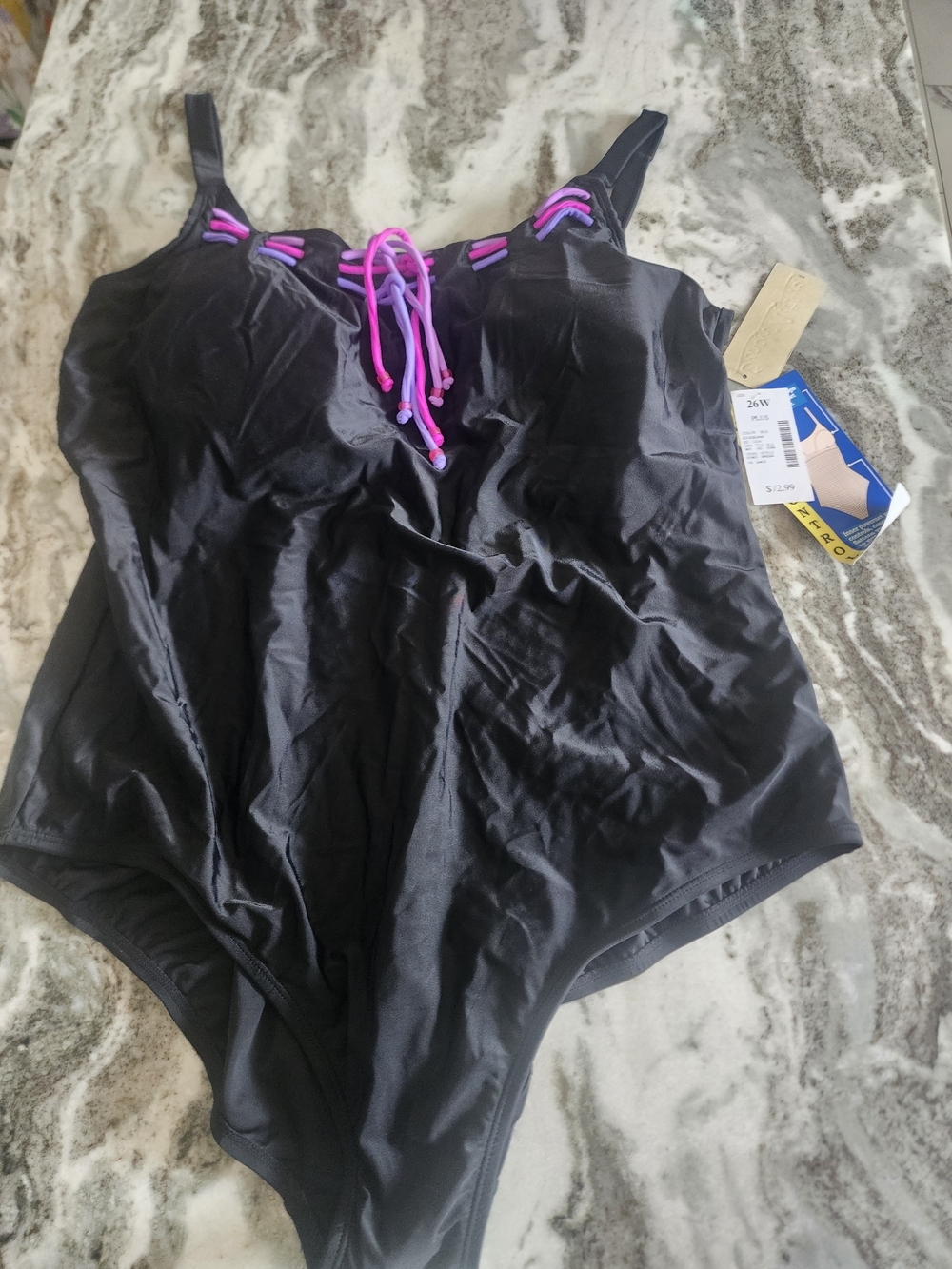 Black One-Piece Swimsuit with Pink Accent Ties